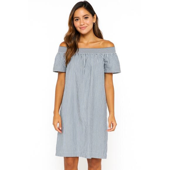 J. Crew Blue and White Stripe Off Shoulder Dress Beach Coastal - Size 4‎ (2851) - Picture 2 of 5